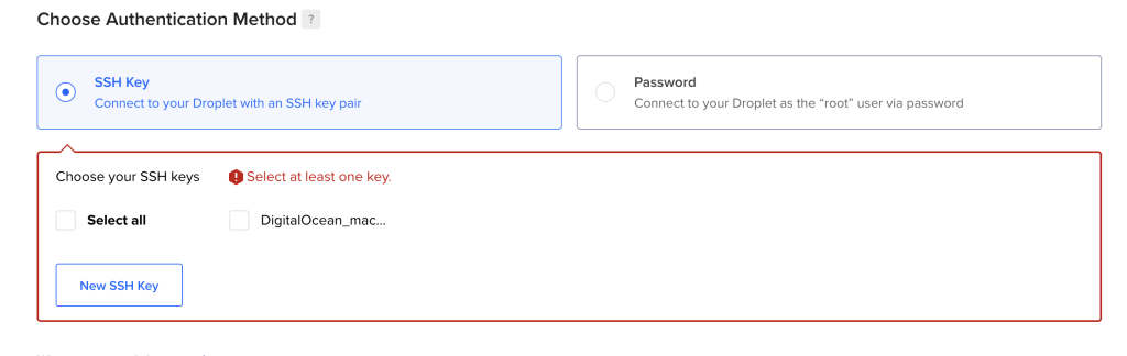 Choose authentication method for DigitalOcean server