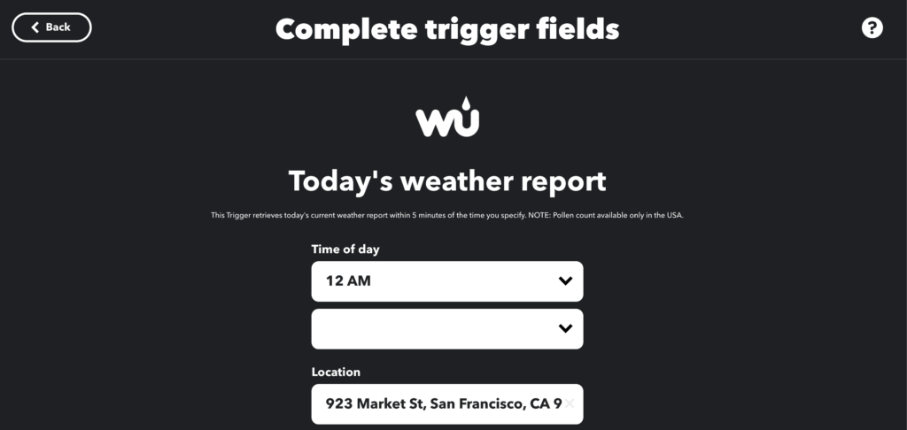 Configure Weather Underground service for a IFTTT