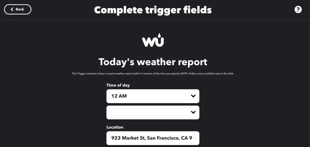 Configure Weather Underground service for a IFTTT