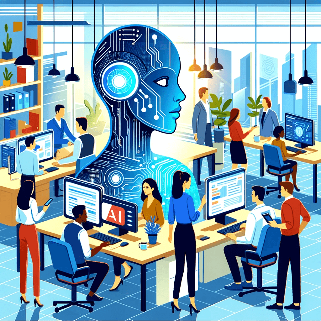 vector illustration of an office scene, depicting modern workers using AI technology