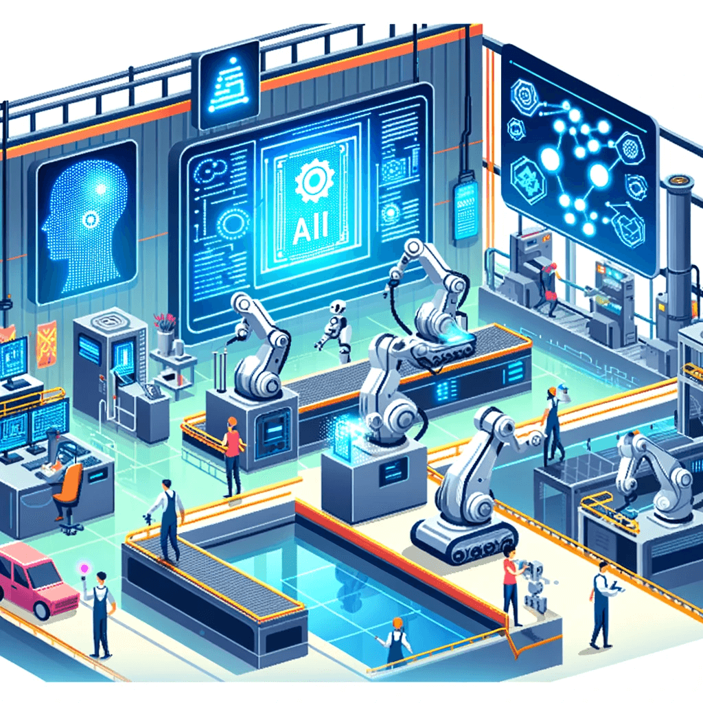 vector illustration of a high-tech factory floor, showing robots and machines operating autonomously, controlled by AI systems