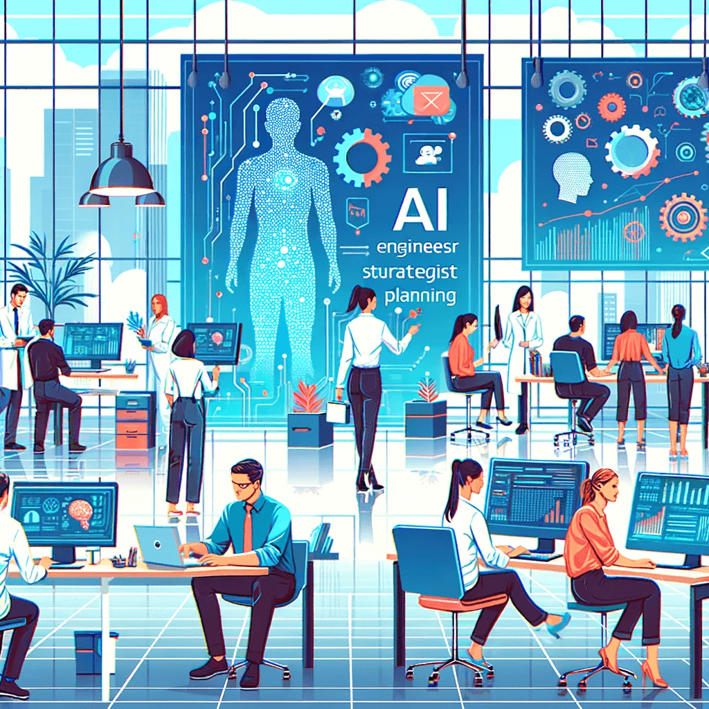 vector illustration of a modern office environment, showcasing diverse employees engaged in new-age job roles related to AI and digital automation