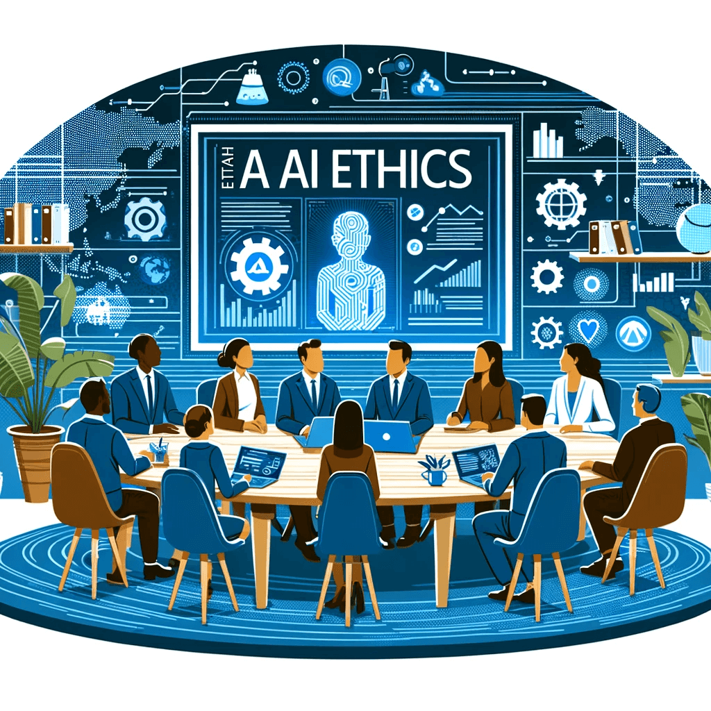 vector illustration of a collaborative office meeting, showing diverse employees discussing the ethical use of AI