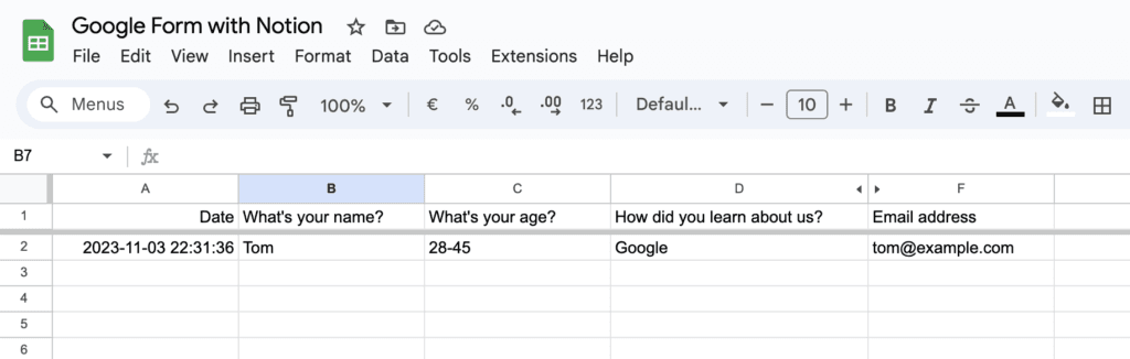 Google Sheet entry from Google Form