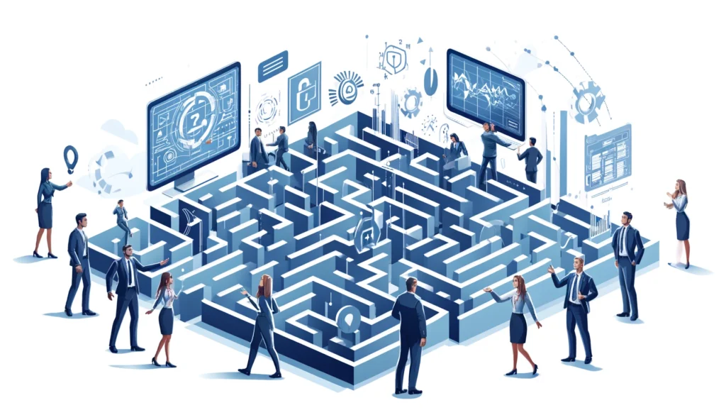 a-group-of-professionals-navigating-a-labyrinth-made-of-digital-elements-representing-overcoming-challenges