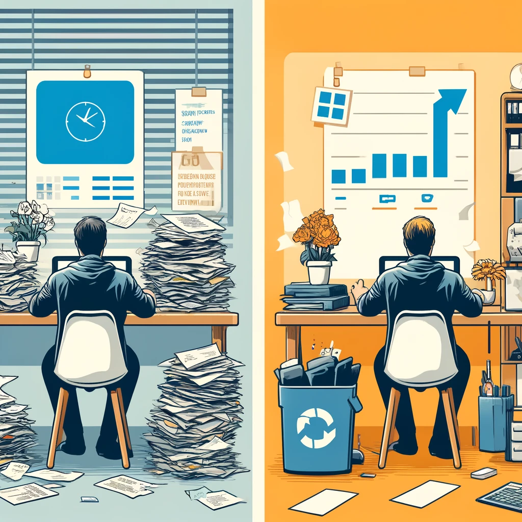 A-visual-representation-of-an-office-scene-depicting-various-time-management-challenges-being-solved-by-the-GTD-method