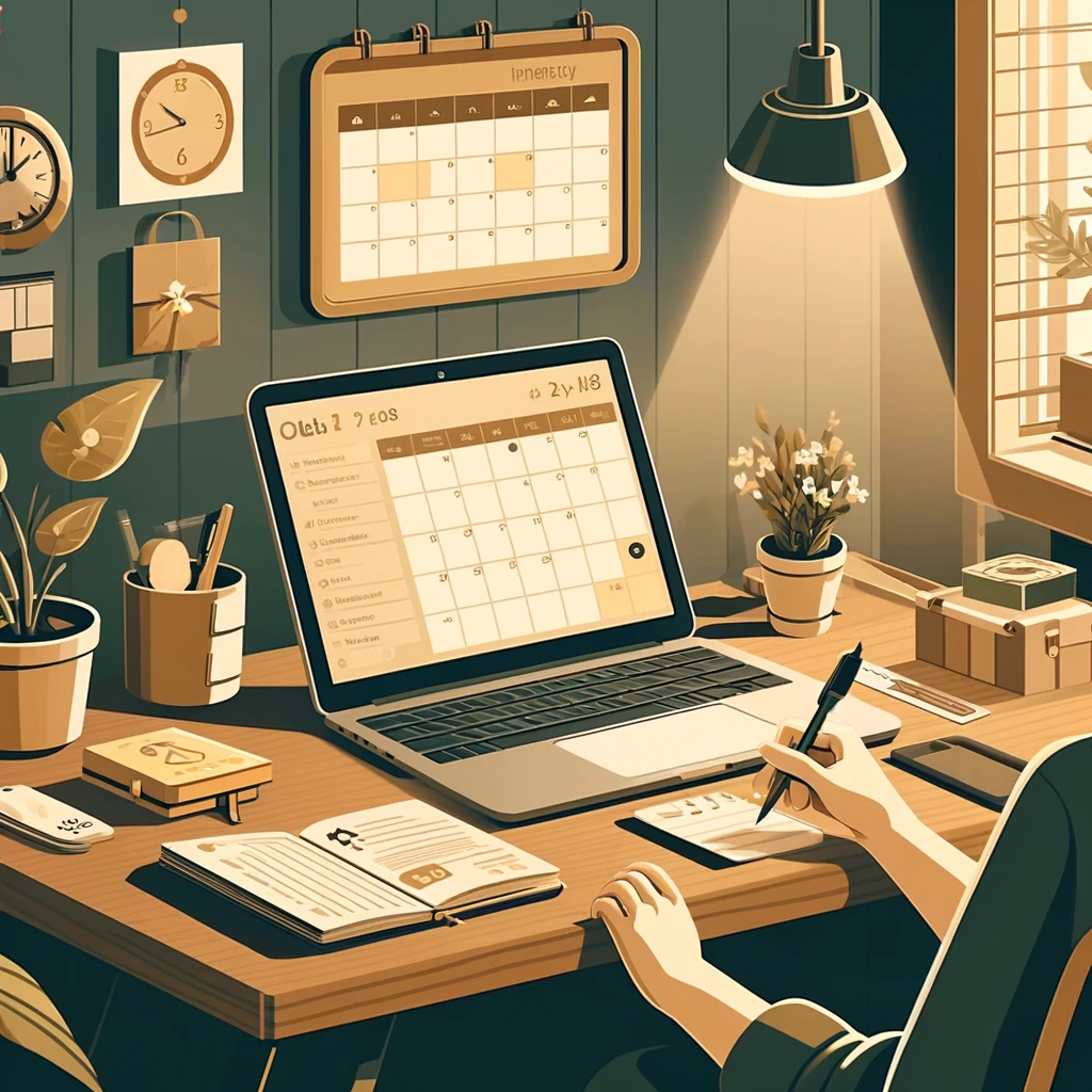 Illustration-of-a-home-office-setup-where-an-individual-is-using-the-GTD-methodology-to-organize-household-tasks-on-a-digital-device