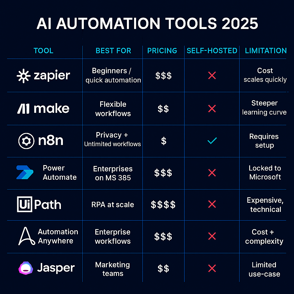 AI automation tools comparison table