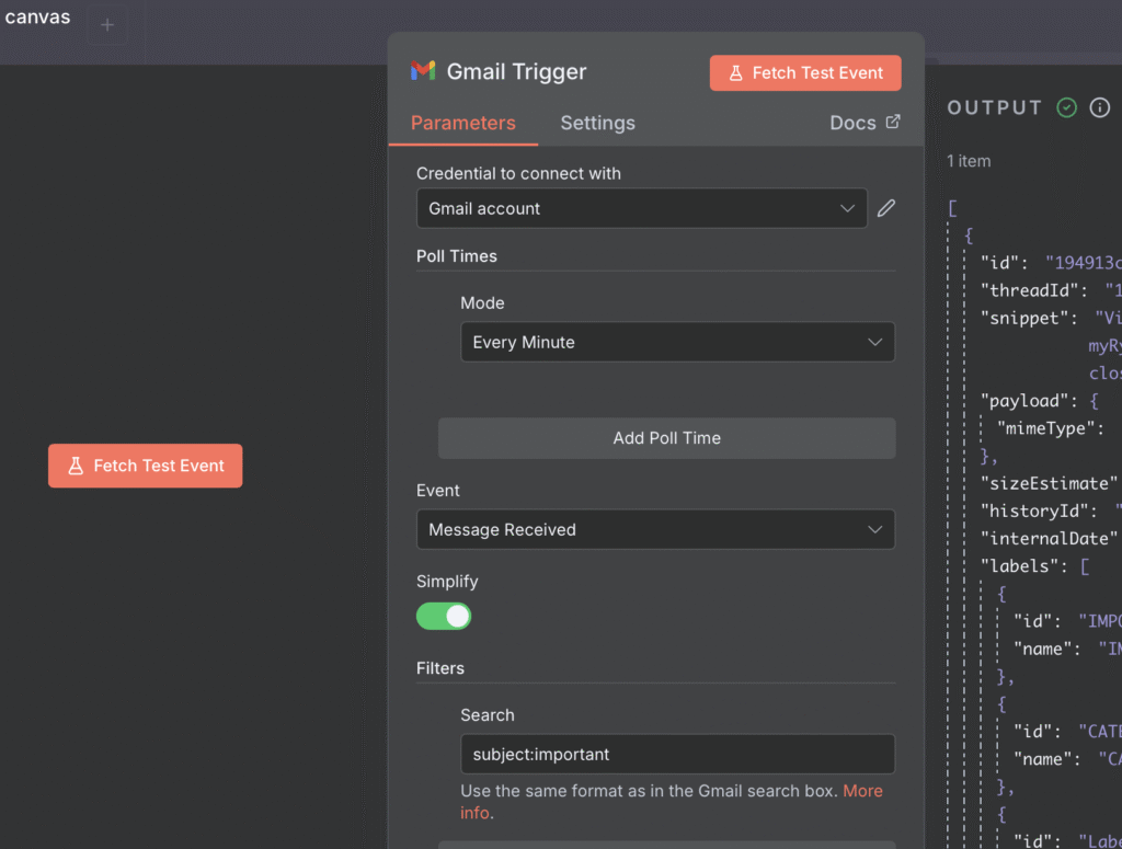 n8n Gmail trigger settings