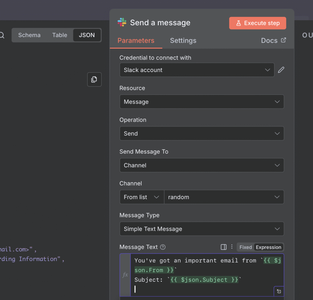 n8n Slack node settings window