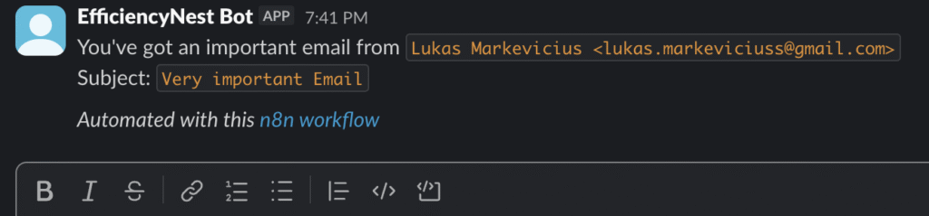 Slack message triggered by the n8n workflow