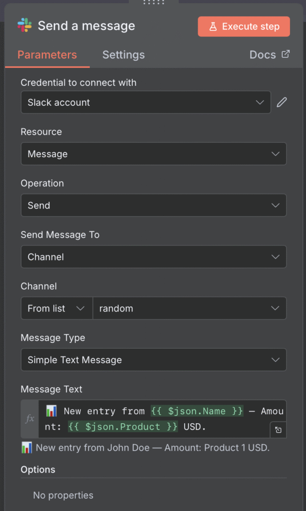 Slack Send Message node settings on n8n