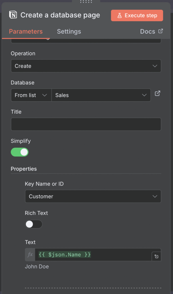 Create a database page on Notion node settings in n8n platform