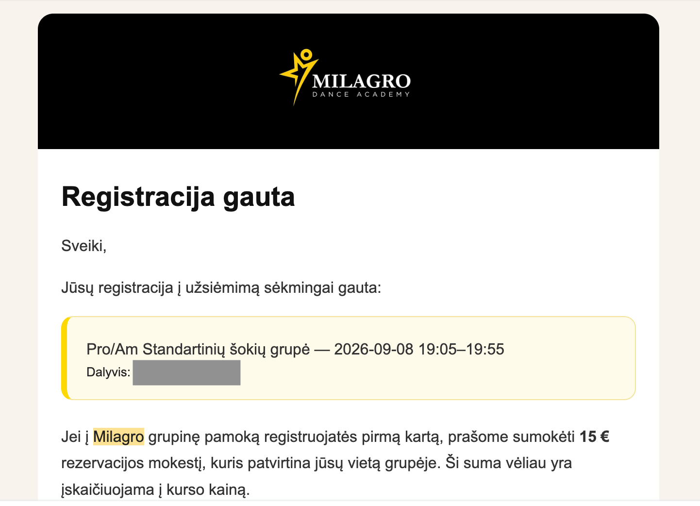 Redacted Milagro lesson-registration confirmation email