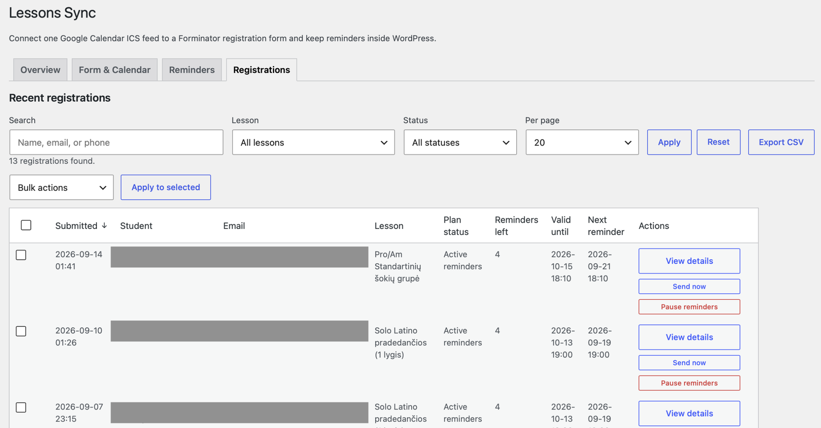 Lessons Sync dashboard showing reminder status, next reminder, and manual pause controls, with student details masked