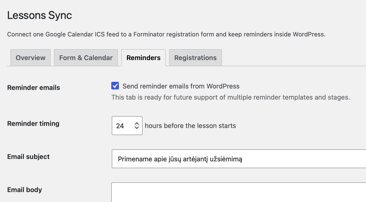 Lessons Sync reminder timing configured to 24 hours before a lesson