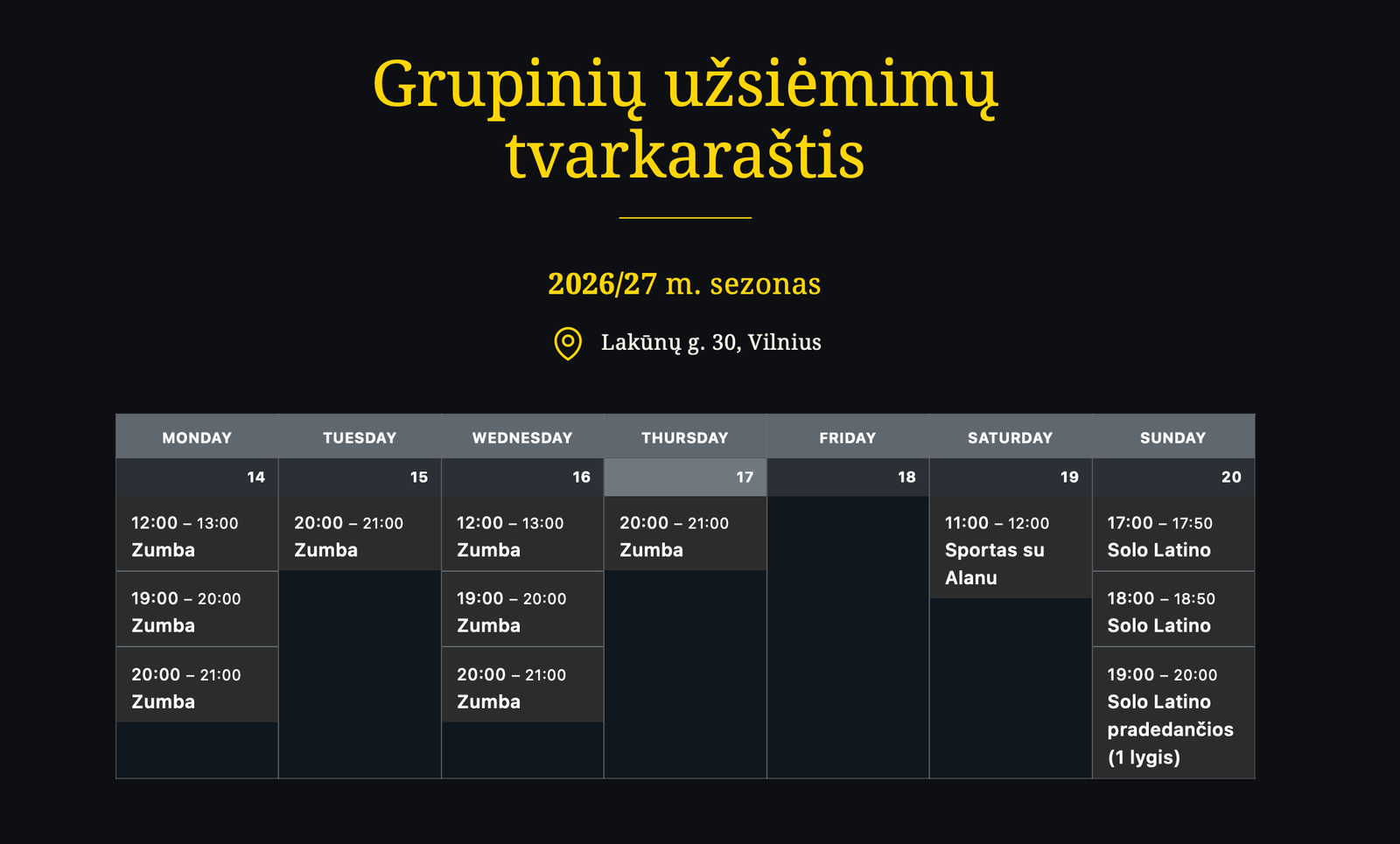 Milagro Dance Academy weekly group-lesson schedule