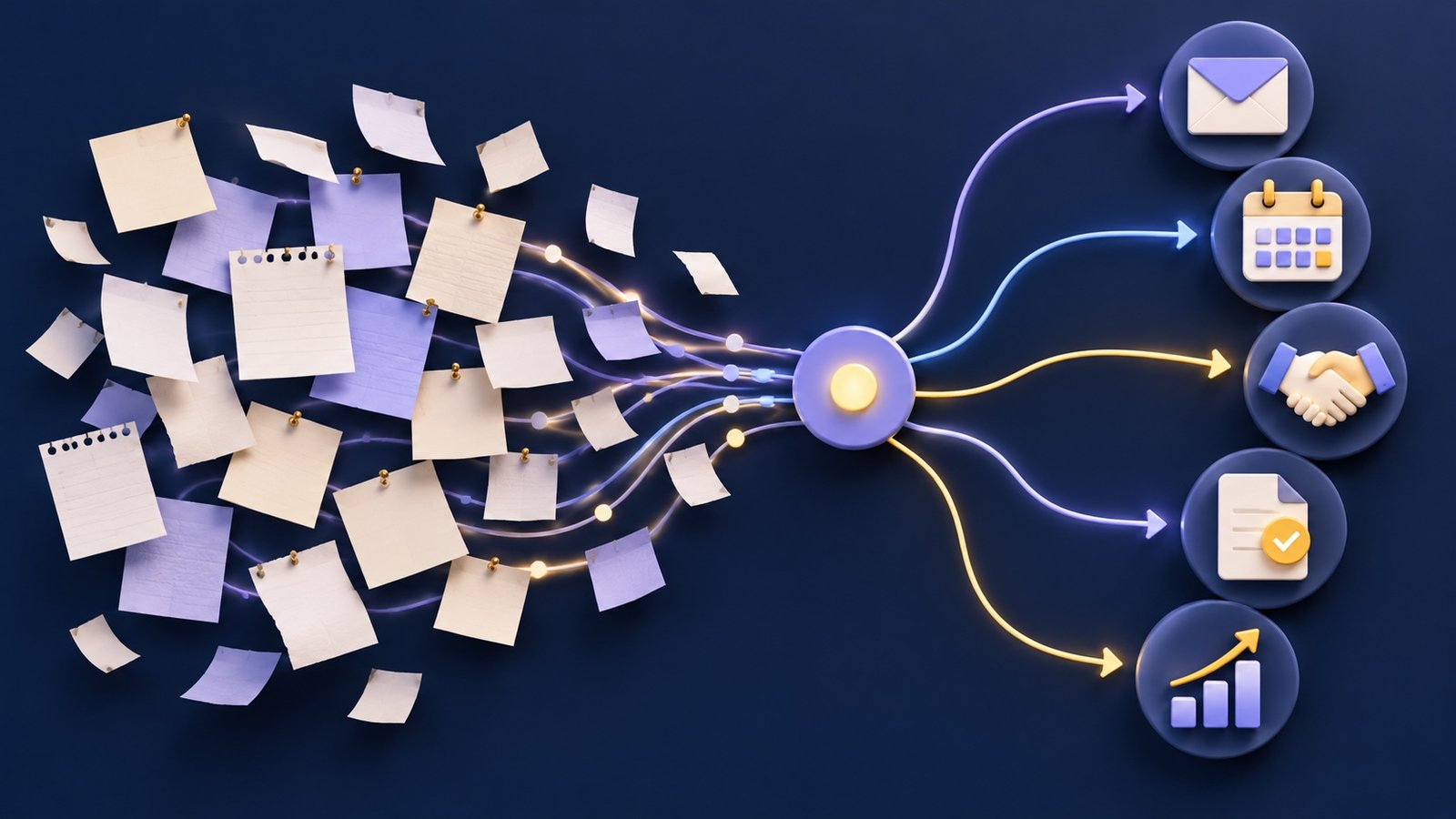 Loose notes flow into organized workflow icons for email, scheduling, client onboarding, administration, and reporting.